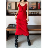 Anokhinaliza Red Knit Strap Dress Women Clothing Vestidos Summer French Style Wood Ear Edge Wrapped Hip Skirt Cake Maxi Dresses