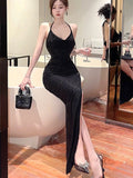 Anokhinaliza Sexy High Split Halter Black Dresses for Women Evening Party Dress Backless V-neck Sequined Prom Robe Slim Summer Vestidos Mujer