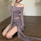 Anokhinaliza Summer New Off-shoulder Pleated Casual Halter Long-sleeved T-shirt Women + Lace-up Pleated A-line Skirt Two-piece Suit