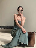 Anokhinaliza American Retro High-End Denim Dress Women'S Top Design Versatile And Unique Slim Fitting Long Skirt