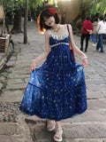 Anokhinaliza 2024 New Vintage Blue Lace Floral Dress Woman Holiday Sext Backless Midi Dress Casual Sleeveless Korean Fashion Dress Chic