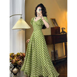 Anokhinaliza Summer Party Dress Women Vintage Elegant Slim Lace V-Neck Green Plaid Long Dress High Waist Birthday Evening Party Midi Dress