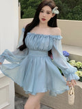 Anokhinaliza Y2K Solid Off Shoulder Short Dress Mesh Ruffles A-line Party Dresses for Women Summer New Korean Fashion Prom Vestidos Mujer