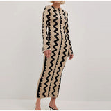 Anokhinaliza O-neck Long Spring Female Dresses Wave Party Evening Robe Leopard Print Slim Dress Women Striped Stretch High Waist Long Sleeve