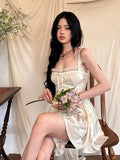 Anokhinaliza Medieval Retro Satin Mini Dress Women Stitch Lace Trim Jacquard Ruffle Romper Event Party Cami Dress Desire One-piece