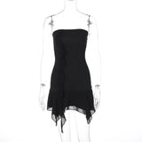 Anokhinaliza Black Strapless Mini Dress for Women Sexy Backless Bodycon Club Party Dresses Summer Fashion Irregular Ruffle Y2K Dress