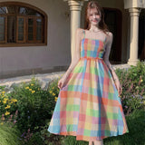 Anokhinaliza New Women Summer Spaghetter Strap Dress Boho Rainbow Plaid Slash Neck Long Dresses Lady Graceful Beach Travel Camisole Robe