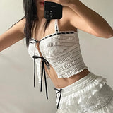 Anokhinaliza Sweet White Women Top Camisole Shirring Cutecore Front Tie-Up Summer Crop Tops Split Coquette Clothes Lolita Kawaii