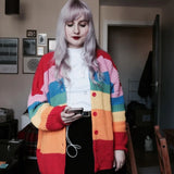 Anokhinaliza Autumn Spring Harajuku Knit Cardigan Women Striped Rainbow Sweater Coat Female Loose Sweaters Letter Embroidery Jumper Cardigans