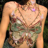 Anokhinaliza  Sexy Woman Crystal Chain Butterfly Embroidery Sleeveless Backless Adjustable Ultra Short Top Music Prom