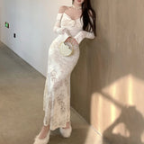 Anokhinaliza Korean 3d Flower Halter Elegant Lace Long-sleeved Dress Women 2024 Spring New Off-the-shoulder Pleated Sexy Mid-length Dress