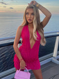 Anokhinaliza Sexy Backless Halter Lace Up Mini Dress Ruched Ruffles Deep V Neck Short Dresses Birthday Club Party Beach Y2K 2024 Clothes