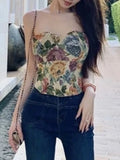 Anokhinaliza Vintage Floral Print Vest Women Sexy Off Shoulder Strapless Vest Female Korean Fashion Casual Sleeveless Tank Tops Summer