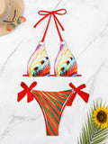 Anokhinaliza 3 Pieces Print String Ring Link Bikini 2024 Women & Kimono Swimwear Female Swimsuit Beachwear Bathers Bathing Swimming Swim Suit