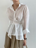 Anokhinaliza - White Irregular Blouse Women's Autumn New Lapel Loose Single Breasted Lace Up Long Sleeve Shirt Female 5E2076