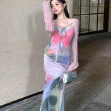 Anokhinaliza Autumn New Korean Butterfly Tie-Dye Mesh Elegant Party Dress + Lace-up Casual Knitted Long-sleeved Cardigan Two-piece Suit