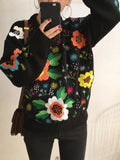 Anokhinaliza Vintage Womens Clothing Embroidered Floral Pullover Black Sweater Women Loose O Neck Knitwears Tops Fashion Sueter Mujer