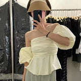 Anokhinaliza Summer Blouse Female French Vintage Temperament Blusa Slash Neck Sexy Off Shoulder Waist Slim Puff Sleeves Short Shirts