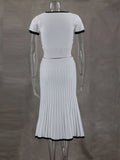 Anokhinaliza White long skirt for ladies 2 piece pleated long skirt V Neck crop top set elegant dress 2 piece skirt set office Summer 2024