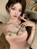 Anokhinaliza Summer New Korean Floral Splicing Sexy Slim Camisole Women + Lace Up Pleated Casual Irregular A-line Skirt Two-piece Suit