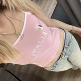 Anokhinaliza Y2k 2000s Cartoon Italia Letter Printing Tank Top Summer Vintage Crew Neck Crop Tops Harajuku Streetwear Grunge Sexy Corset