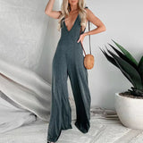 Anokhinaliza Women Vintage Solid Holiday Jumpsuits 2024 Spring Sexy Deep V-neck Hollow Playsuit Romper Summer Sleeveless Tank Office Overalls