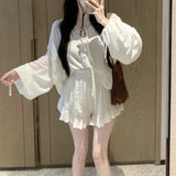 Anokhinaliza Autumn New Korean V-neck Lace Up Loose Casual Long-sleeved Shirt Women + High Waist Pleated White Shorts Two-piece Suit