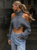 Anokhinaliza Off-Shoulder Sexy Knit Turtleneck For Women Patchwork Slim Summer Y2k Top Sweater Loose Long Sleeve Pullover Cover up