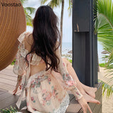 Anokhinaliza Elegant V-Neck Floral Dress Women Sweet Long Sleeve Lace Ruffles Party Mini Dresses Female Sexy Backless Beach Vestidos Autumn