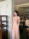 Anokhinaliza Summer Drawstring Pleats Mesh Long Dresses for Women 2024 New Elegant Fashion Evening Party Korean Pink Bodycon Female Clothing