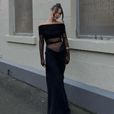 Anokhinaliza See Through Mesh Patchwork Black Long Dress For Women Fall 2024 Sexy Elegant Off Shoulder Long Sleeve Cutout Dresses