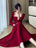 Anokhinaliza Women Casual Folds Midi Dress French Elegant Long Sleeve A Line Party Dresses Spring Autumn Vintage Solid Clothes Female