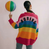 Anokhinaliza Autumn Spring Harajuku Knit Cardigan Women Striped Rainbow Sweater Coat Female Loose Sweaters Letter Embroidery Jumper Cardigans