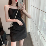 Anokhinaliza Summer Sexy White Spaghetti Strap Party Mini Dress French Prom Women Clothe Backless Pearls Camisole Black Sleeveless Dress