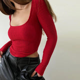 Anokhinaliza - WhereMery Square Neck Long Sleeve Ribbed Knit T Shirt Women Autumn Winter Casual Crop Top Streetwear Y2K Basic Tops Tees