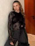 Anokhinaliza Woman Clothing 2024 Spring O-neck Long Sleeve Lace T-shirts Sexy Hollow Out See Through Slim Black Tees Night Club Crop Tops