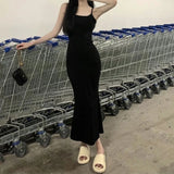 Anokhinaliza Sexy Women Bodycon Dress Casual Black Slim Backless Dresses Korean Long Sleeveless Dress Elegant Evening Party Midi Chic