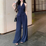 Anokhinaliza Summer New Streetwear V-neck Backless Single-breasted Sexy Camisole Women + Loose Casual Wide Leg Pants Two-piece Suit