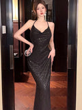 Anokhinaliza Sexy High Split Halter Black Dresses for Women Evening Party Dress Backless V-neck Sequined Prom Robe Slim Summer Vestidos Mujer