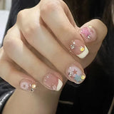 Anokhinaliza 24Pcs Short Square Head False Nails Colorful Stars Design Press on Nails with Rhinestone French Wearable Full Cover Nail Tips