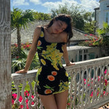 Anokhinaliza Flower Print Sleeveless Mini Bodycon Women's Dress Vacation Summer Dresses For Woman 2024 Sexy Kylie Jenner Y2K Outfits