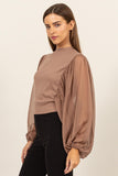 Anokhinaliza HYFVE Ruched Sheer Long Sleeve Mock Neck Blouse