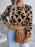 Anokhinaliza Leopard Round Neck Dropped Shoulder Sweater