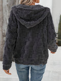 Anokhinaliza Checkered Texture Zip Up Drawstring Fuzzy Jacket