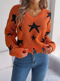 Anokhinaliza Star Pattern Distressed V-Neck Cropped Sweater