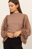 Anokhinaliza HYFVE Ruched Sheer Long Sleeve Mock Neck Blouse