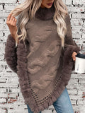 Anokhinaliza Fuzzy Hem Cable-Knit Poncho