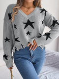 Anokhinaliza Star Pattern Distressed V-Neck Cropped Sweater