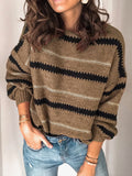 Anokhinaliza Contrast Striped Round Neck Long Sleeve Sweater