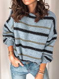 Anokhinaliza Contrast Striped Round Neck Long Sleeve Sweater